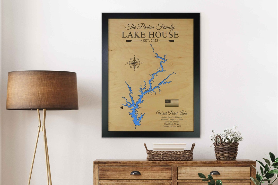 West Point Lake Map, GA Custom Lake Map, Lake House Wall Art