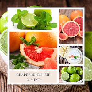 Puede incluir: Un collage con pomelos, limas y hojas de menta. La imagen incluye c&iacute;tricos cortados y enteros, adem&aacute;s de una etiqueta de producto con el texto "Grapefruit, Lime & Mint". La paleta de colores es vibrante, con tonos verdes, rojos y naranjas.
