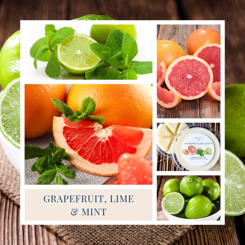 Puede incluir: Un collage con pomelos, limas y hojas de menta. La imagen incluye c&iacute;tricos cortados y enteros, adem&aacute;s de una etiqueta de producto con el texto "Grapefruit, Lime & Mint". La paleta de colores es vibrante, con tonos verdes, rojos y naranjas.