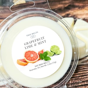 Puede incluir: Un recipiente de pl&aacute;stico transparente contiene un derrite de cera de soja con la etiqueta "Grapefruit Lime & Mint". La etiqueta presenta im&aacute;genes de rodajas de pomelo, gajos de lima y hojas de menta. Peso neto 71g.