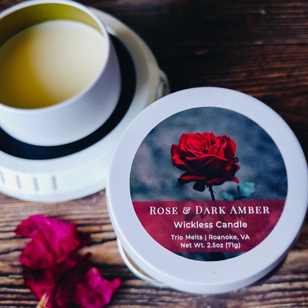 Rose & Dark Amber Wickless Candle | Deep Rich Floral Scent | Soy Wax | Hand Poured | Home Fragrance | Reusable Tin