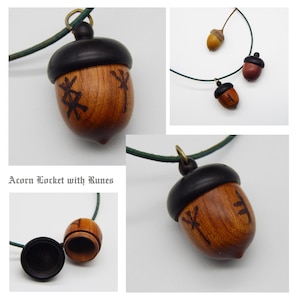 Wooden Acorn Locket Pendant, Ogham Oak Symbol, Runes, Adjustable Cord ...