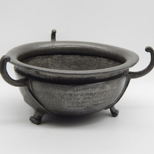 Vintage Pewter Art Deco Cauldron, with inscription dated 1934, UK delivery.