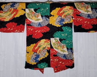 Vintage Haori Kimono Silk Showa Ventilatori multicolori Oro Us Seller