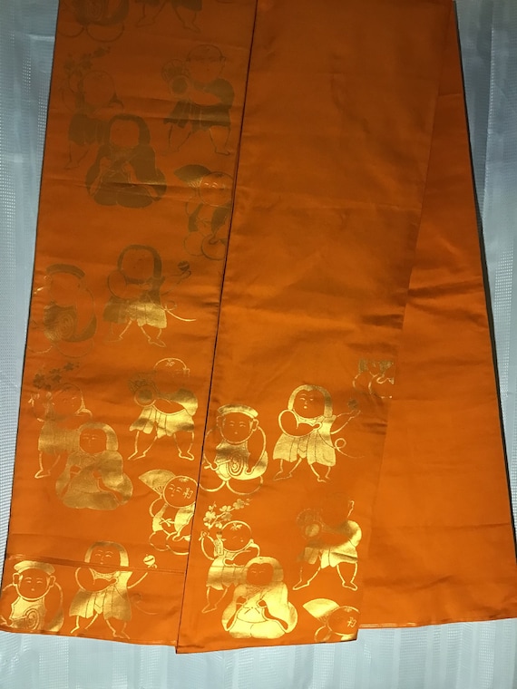 Japanese Vintage Kimono Fukuro Obi Silk Orange Gol