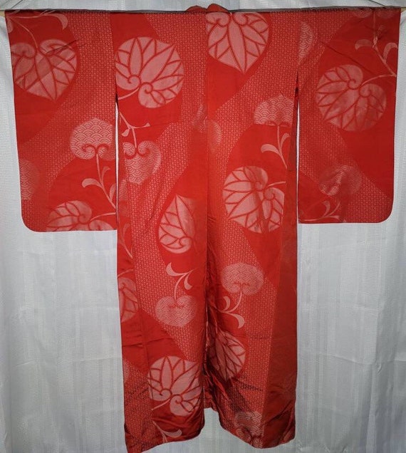 Vintage Silk Kimono Red Salmon Showa US Seller - image 1