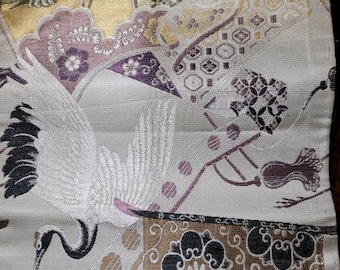Giapponese Vintage Kimono Maru Obi Wedding Silk Cranes Floral Gold US Seller