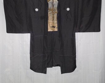 Vintage Haori Kimono Silk Showa Black Brown US Seller