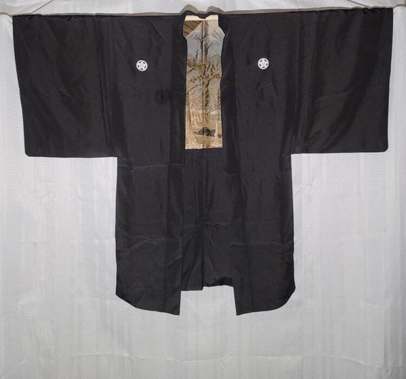 Vintage Haori Kimono Silk Showa Black Brown US Se… - image 1