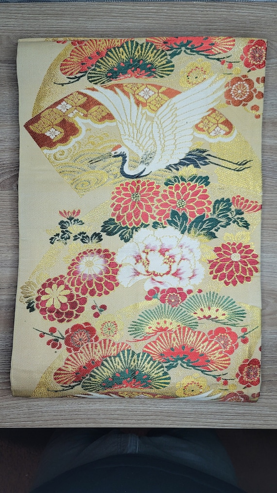 Japanese Vintage Kimono Fukuro Obi Silk Cranes Kom