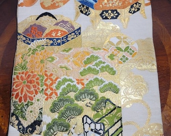 Kimono vintage giapponese Maru Obi Wedding Silk Hawks Floral Gold Venditore statunitense
