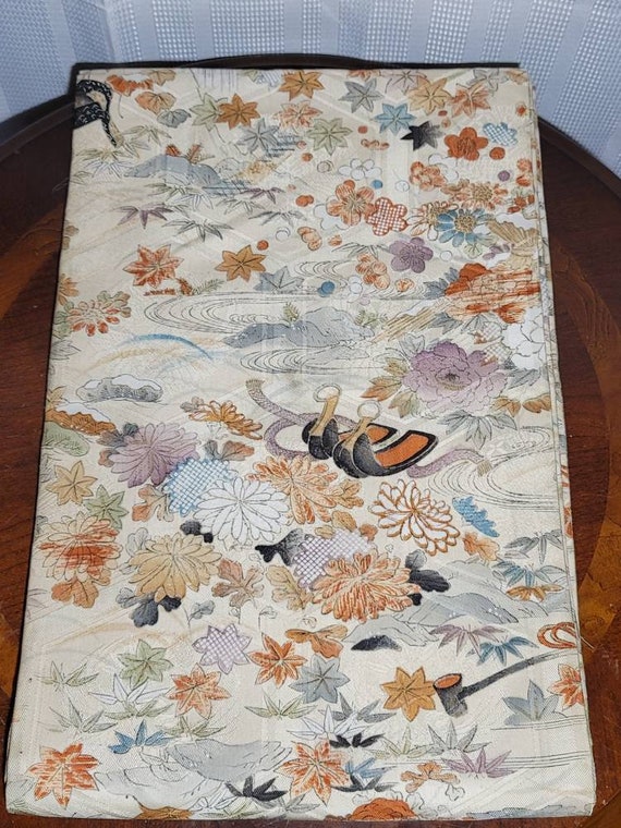 Japanese Vintage Kimono Fukuro Obi Fine Silk Cran… - image 1