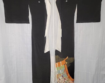 Kimono di seta vintage Showa Kamon Black White Cranes Fan Venditore statunitense