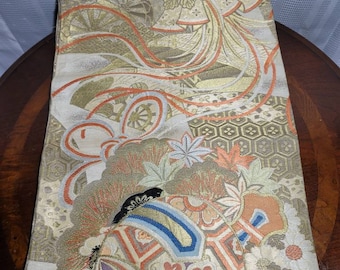 Kimono vintage giapponese Maru Obi Wedding Silk Bells Floral Gold Venditore statunitense