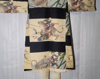 Vintage Nenneko Kimono Silk Showa Samurai Tiger Black Ivory US Seller