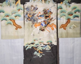 Vintage Nenneko Kimono Silk Showa Samurai Black Ivory US Seller