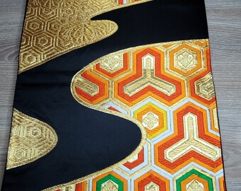 Kimono vintage giapponese Maru Obi Geometric Gold Orange Black Venditore statunitense