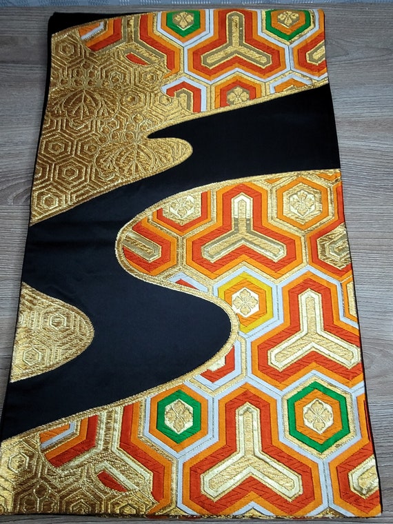 Japanese Vintage Kimono Maru Obi Geometric Gold Or