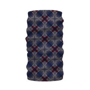 May include: A tubular neck gaiter with a repeating geometric pattern. The design features a blue and gray background with red cross-like shapes. The fabric appears to be soft and flexible, suitable for various outdoor activities.