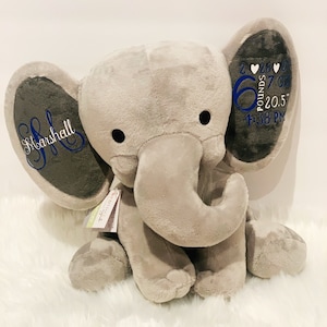 Baby birth announcement, grey elephant stuffed animal, new baby, welcome gift, baby shower gift, new mom gift, personalized elephant