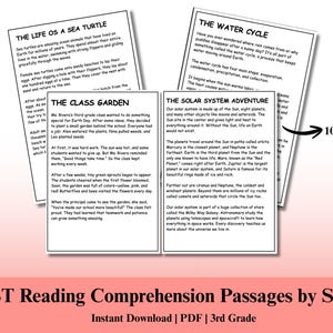 Könnte beinhalten: Eine Sammlung von Leseverständnis-Texten für Schüler der 3. Klasse. Die Seiten behandeln Themen wie Meeresschildkröten, den Wasserkreislauf und das Sonnensystem. Der Titel lautet "FAST Reading Comprehension Passages by Section".