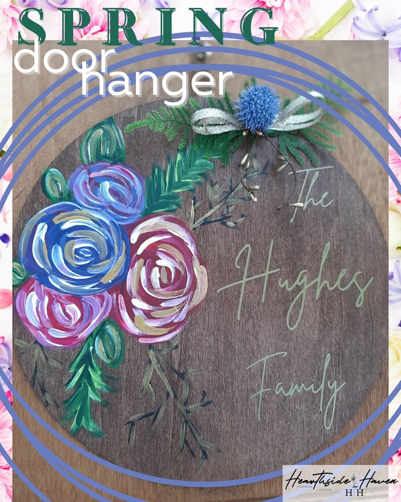12 Wood Circle Personalized Pink and Purple Flower Door Hanger Hand Painted Door Wreath
