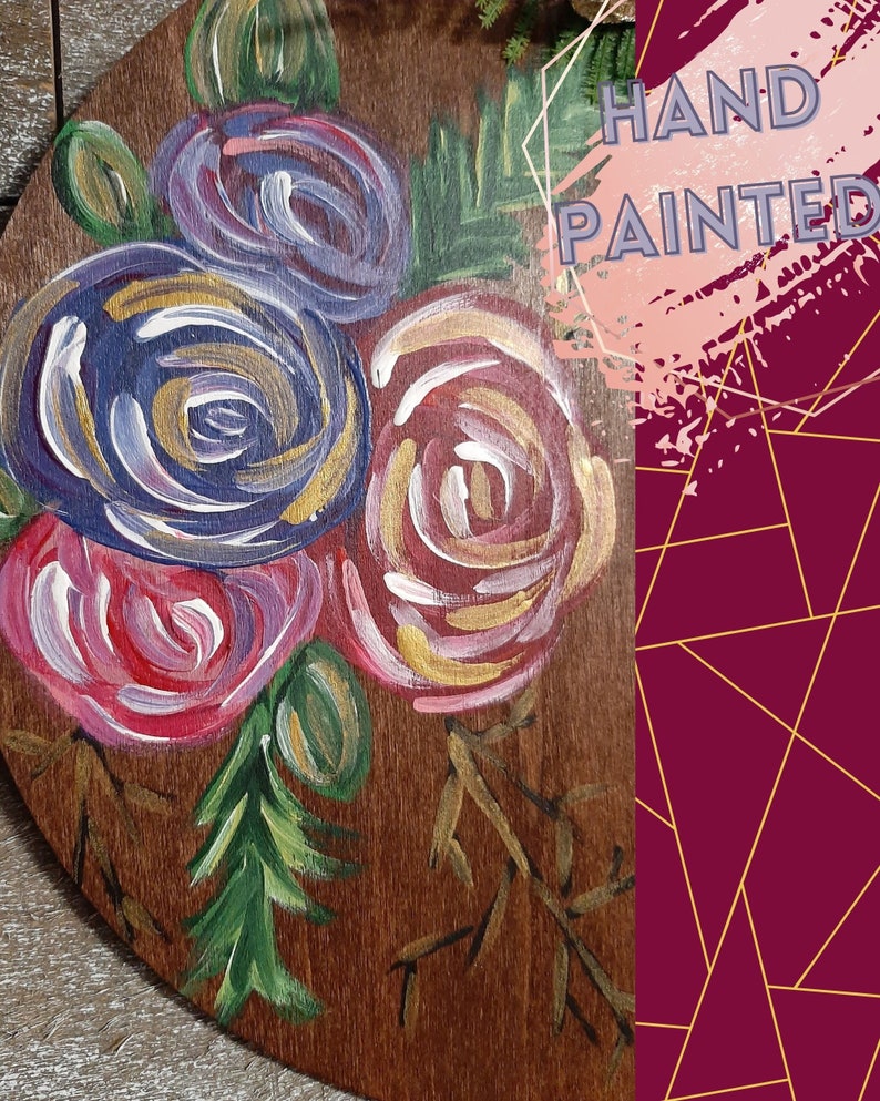12 Wood Circle Personalized Pink and Purple Flower Door Hanger Hand Painted Door Wreath