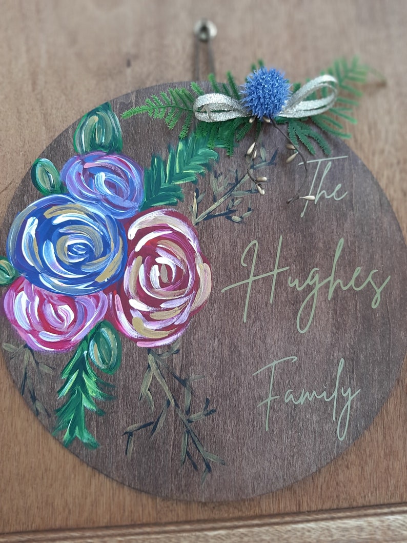 12 Wood Circle Personalized Pink and Purple Flower Door Hanger Hand Painted Door Wreath