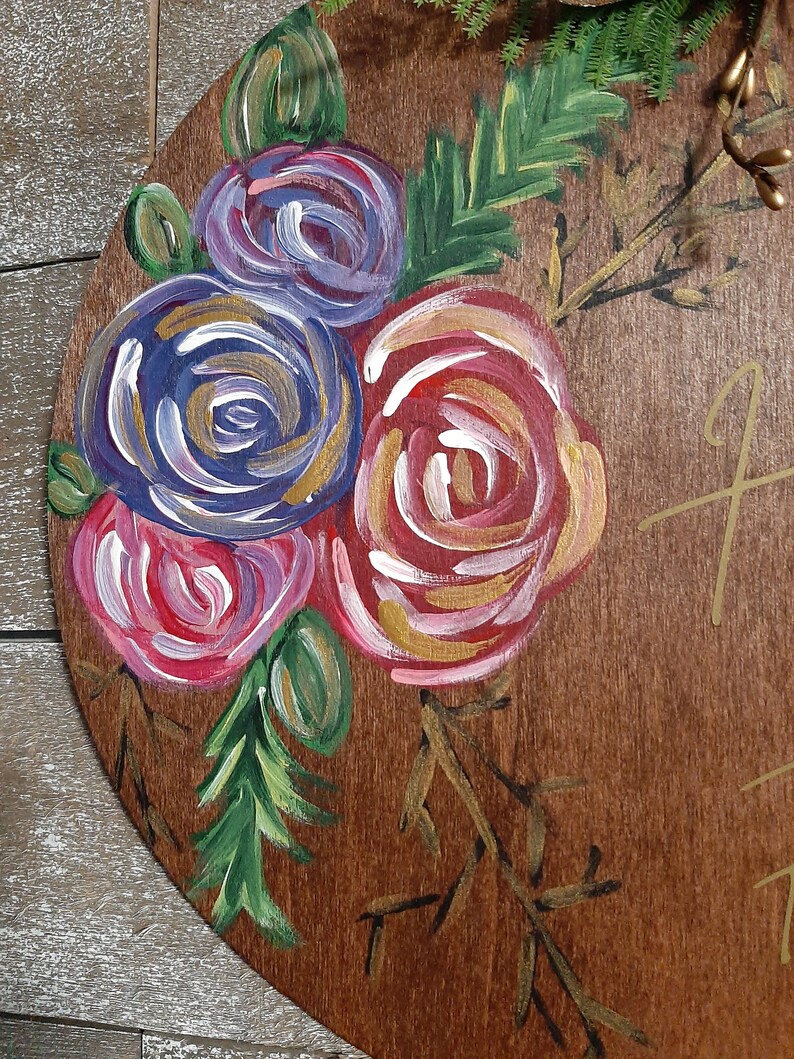 12 Wood Circle Personalized Pink and Purple Flower Door Hanger Hand Painted Door Wreath