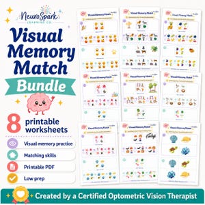 Puede incluir: Un paquete de ocho hojas de trabajo imprimibles de Visual Memory Match con ilustraciones coloridas de animales, comida y naturaleza. El texto incluye NeuroSpark Learning Co. Visual Memory Match Bundle, 8 printable worksheets y Created by a Certified Optometric Vision Therapist.