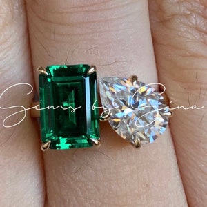 Modern Solid 14k Gold Emerald and Pear Moissanite Toi et Moi Two Stone Alternative Engagement Wedding