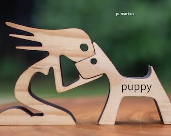 Personalized Girl and Dog Wooden Figurine: Engraved Ornament
