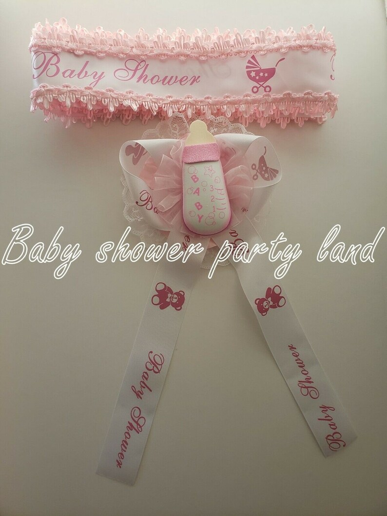 Welcome Baby Shower Mom To Be It/'s a Girl Sash Pink Bottle Ribbon and Corsage