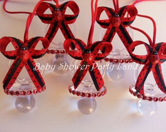 Ladybug Baby Shower | A set of 12 Lady bug Pacifier Necklaces | Prizes | Favors | Baby Shower Decoration | Color Black and Red | It's a Girl