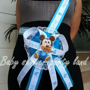 Baby Shower decoration for boy Mickey Mouse Mom To Be It's a Boy Sash Blue Ribbon with Corsage
