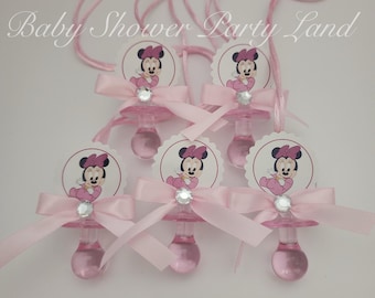 Minnie Mouse Theme | A set of 12 Minnie Mouse Pacifier Necklace Favors | It's a Girl | Game | Prizes | Baby Shower Decoration