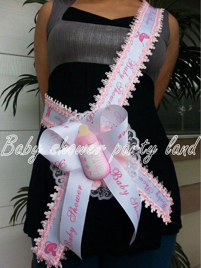 Welcome Baby Shower Mom To Be It/'s a Girl Sash Pink Bottle Ribbon and Corsage