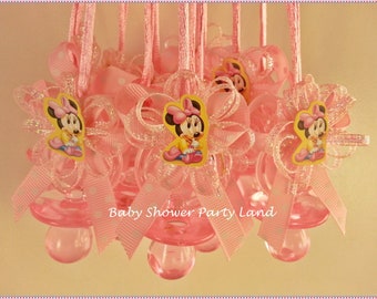 Minnie Mouse Theme | A set of 12 Minnie Mouse Pacifier Necklace Favors | It's a Girl | Game | Prizes | Baby Shower Decoration