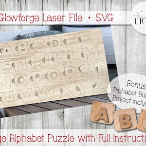 May include: A wooden alphabet puzzle featuring all the letters of the alphabet cut out. The puzzle is designed to be cut out on a Glowforge laser cutter. The image also includes a bonus alphabet bunting project.