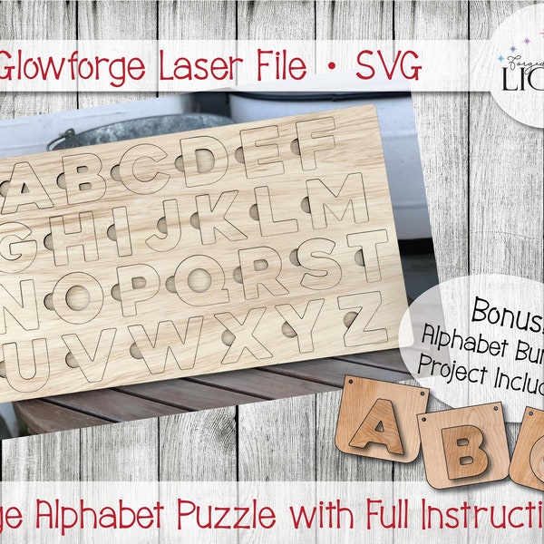 Alphabet Puzzle and Bunting - SVG Glowforge Laser File - Wood Classroom Playroom Educational Tool Decor Preschool Kindergarten Children DIY
