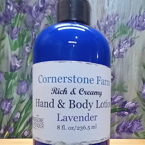 May include: A blue bottle of Cornerstone Farm Rich & Creamy Hand & Body Lotion in Lavender scent. The bottle is 8 fluid ounces or 236.5 milliliters.