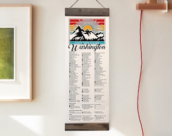 May include: A vintage-style poster with a colorful mountain scene and the text "SUMMITS & SCENIC NAMES" above the word "Washington". The poster lists various mountains, lakes, and other landmarks in the state of Washington.