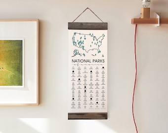 Lista de verificación de parques nacionales con bolígrafo, regalo de parques nacionales, regalo para excursionistas, parques nacionales de EE. UU., aventura de viaje, lista de verificación, lista de deseos del NPS, mapa