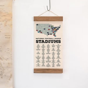 May include: A white canvas print with a map of the United States showing the locations of National Football League stadiums. The print is hanging on a white wall with a green velvet armchair and a potted plant in the foreground.