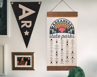 May include: A framed print with a vintage style illustration of a sunset over a forest with the text "Arkansas state parks" and a list of state parks below. The print is hanging on a white wall with a brown wooden frame.