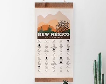 May include: A printable checklist of New Mexico state parks. The checklist is designed to look like a vintage travel poster with a desert landscape and the text "NEW MEXICO = STATE PARKS =" at the top. The checklist includes a circle next to each park name, allowing users to mark off parks they have visited.