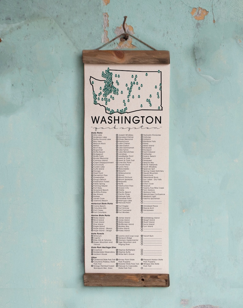 WA State Park Checklists WITH Pen // Washington State // Canvas Hanging Sign // Handmade Adventure Gift // Experience Explore Washington Map - Small