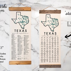 May include: Two 8.5 x 23 inch canvas prints of Texas with a map of the state and a list of state parks. The print on the left includes all state parks, natural areas, and historic sites. The print on the right only includes state parks.