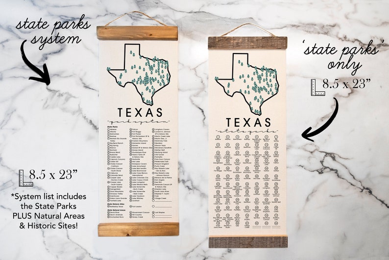 May include: Two 8.5 x 23 inch canvas prints of Texas with a map of the state and a list of state parks. The print on the left includes all state parks, natural areas, and historic sites. The print on the right only includes state parks.