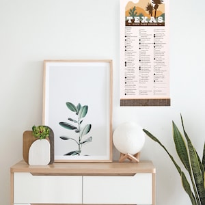 May include: A printable checklist of Texas State Parks. The checklist is printed on a light pink background with brown text and black checkboxes. The checklist is mounted on a wooden dowel rod with a brown rope hanger. The checklist is hanging on a white wall with a framed print of a green plant and a white moon lamp on a wooden stand.